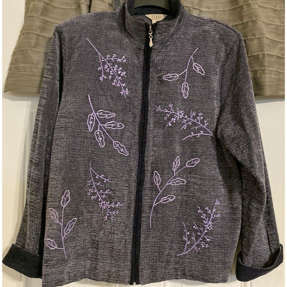Vintage 90s TEDDI Embroidered Knit Jacket Full Zip Gray Lavender Cottagecore M